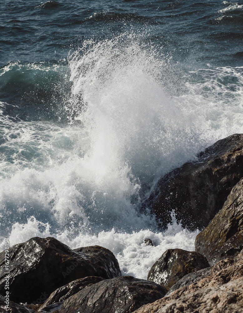 Fototapeta premium A powerful wave crashes against rugged rocks, creating a dramatic splash and spray in a coastal scene