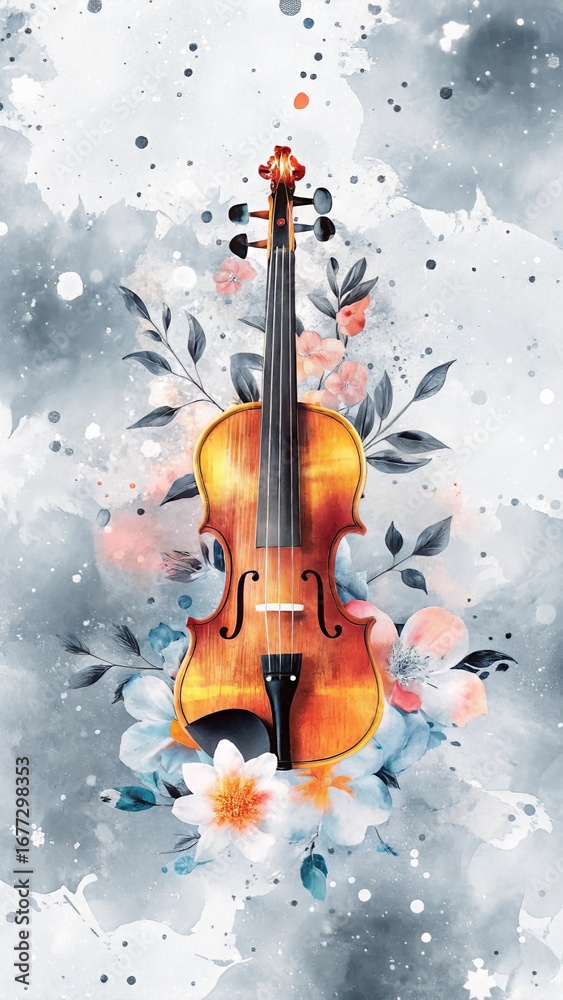 Fototapeta premium Watercolor violin with flowers and leaves on gray background