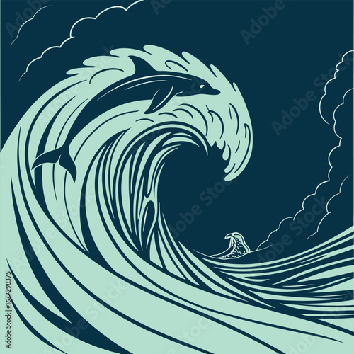 Stylized Dolphin Leaping Through a Crashing Ocean Wave In Teal And Dark Blue jumping