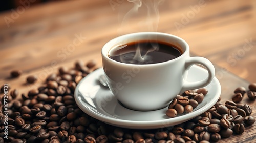 Hot Coffee Cup with Roasted Beans on Wooden Table