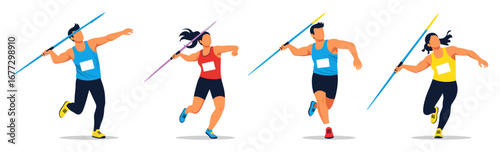 Dynamic illustration of male and female javelin throwers competing in an athletic event, showcasing power and precision in various throwing poses.