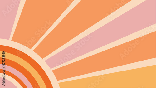 Abstract warm gradient sunburst with pastel rainbow arc