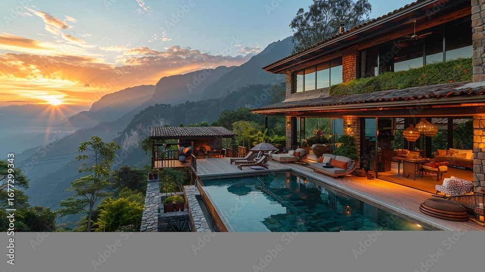 Obraz premium Luxury villa with infinity pool overlooking mountains at sunset in guatemala