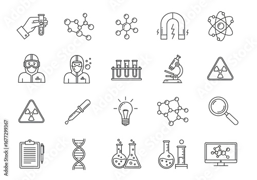 Collection of scientific icons representing research and discovery in chemistry biology and physics