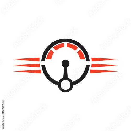 Black and orange speedometer gauge with red segments and arrow velocity measurement