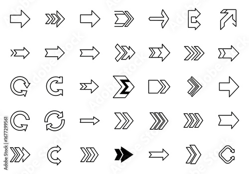 Collection of hand-drawn arrow icons and symbols in a variety of styles and directions
