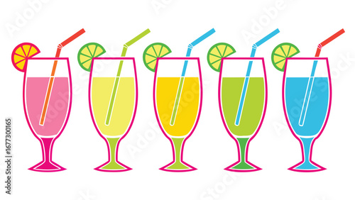 Five colorful cocktails with fruit slices and straws