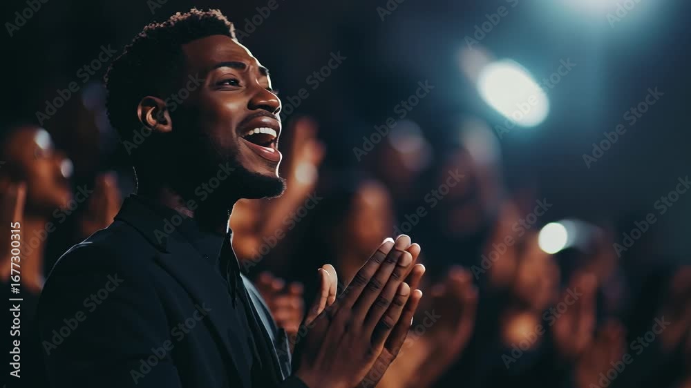Black Christian gospel singer clapping passionately during a church service, with a dynamic choir singing in unison and raising their hands in praise to Jesus Christ