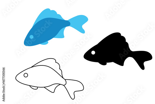 Fishes set isolated on a white background. Color shape, black silhouette and outline drawing. Icon set, vector illustration.