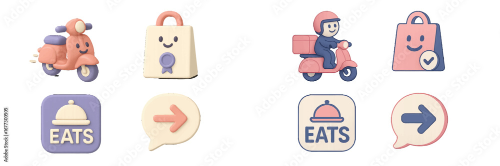 Fototapeta premium Food Delivery Icons with Scooter, Shopping Bag, and Arrow. Modern 3D Icon Set