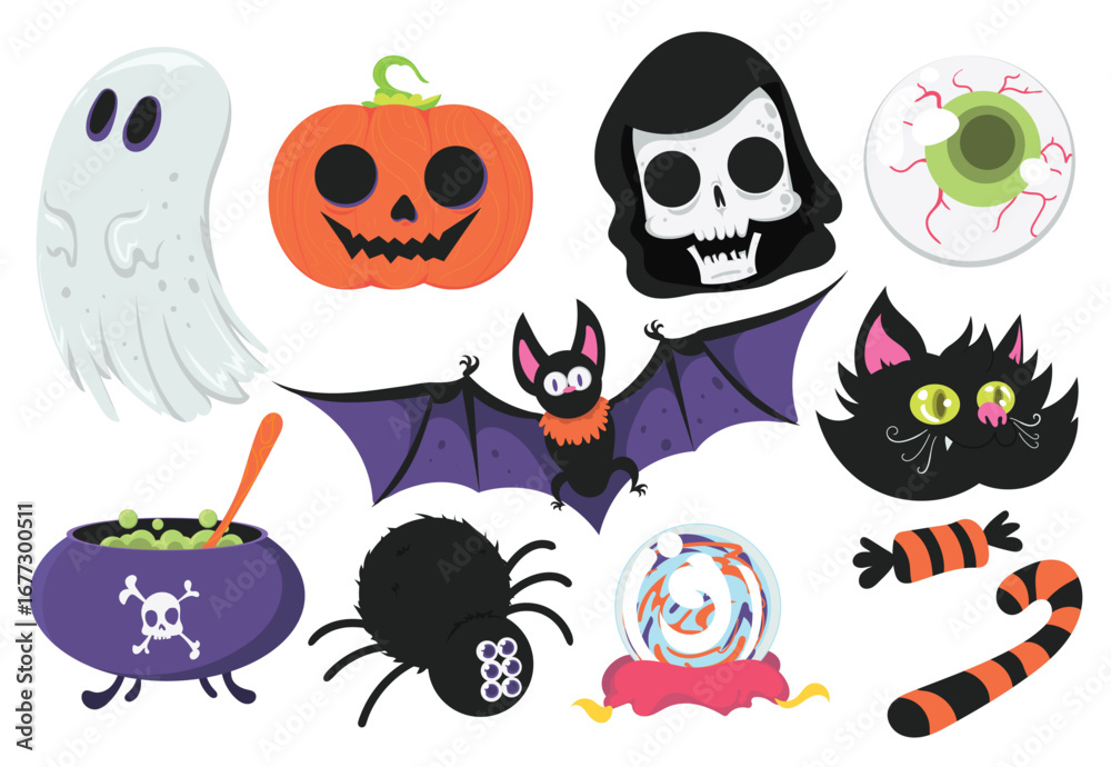 Fototapeta premium Halloween elements collection showing ghost pumpkin bat skull cat spider candy eyeball cauldron and crystal ball perfect for seasonal decorations parties and projects