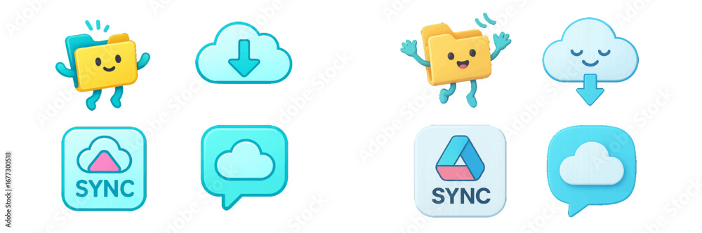 Obraz premium Folder and cloud icons with download and sync symbols. Modern 3D Icon Set