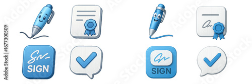 Digital Signature and Approval Icons. Modern 3D Icon Set