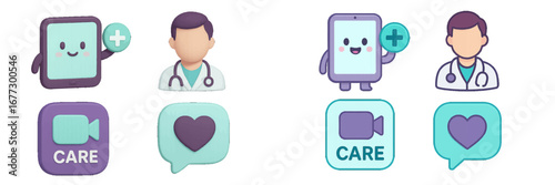 Digital Healthcare Icons: Doctor, Smartphone, Video Call, Heart. Modern 3D Icon Set