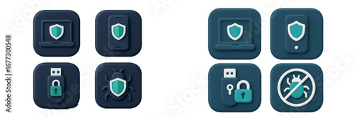 Digital security icons: shield, lock, bug symbols for data protection and antivirus software. Modern 3D Icon Set