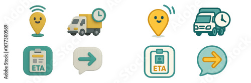 Delivery tracking icons with location pin, truck, and clock. Modern 3D Icon Set