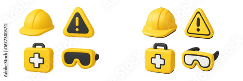 Yellow Safety Equipment Symbols for Construction and Work. Modern 3D Icon Set