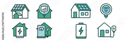 Smart Home Energy System with Solar Panels and Battery Storage. Modern 3D Icon Set