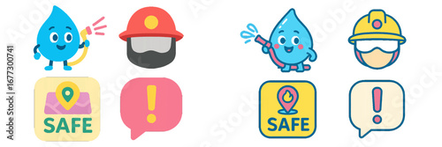 Water drop and firefighter characters with safety icons. Modern 3D Icon Set