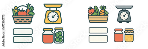 Fresh Produce and Preserved Foods with Kitchen Scales. Modern 3D Icon Set