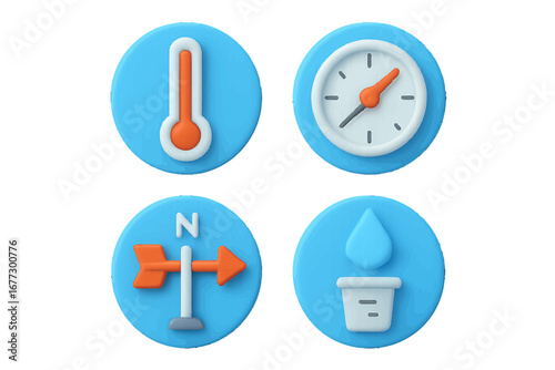 Weather forecast icons: thermometer, clock, wind vane, and rain gauge. Modern 3D Icon Set