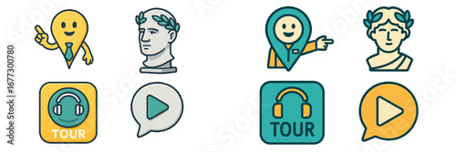 Map pin characters and tour icons with headphones and play buttons. Modern 3D Icon Set