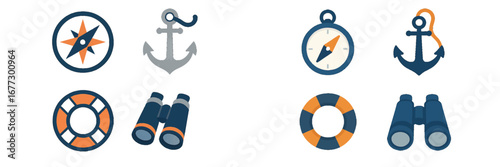 Nautical Symbols: Compass, Anchor, Binoculars, Lifebuoy Collection. Modern 3D Icon Set