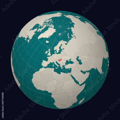 Hungary on the map. Globe centered to Hungary. Country location on the world map. Teal Pale Mint color palette. Globe with countries, meridians and parallels. Creative vector illustration.