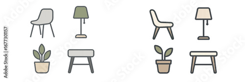 Modern Home Furniture and Decor Objects Minimalist Style. Modern 3D Icon Set