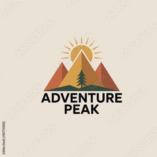 Retro Mountain Peak Adventure Logo: Sunrise, Minimalist Design,  Warm Tones