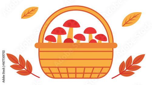 Orange basket filled with red mushrooms and autumn leaves