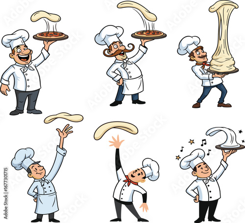 Cartoon chefs with pizza dough, humorous cooking poses, vector illustration, playful kitchen theme, food art, chef character set