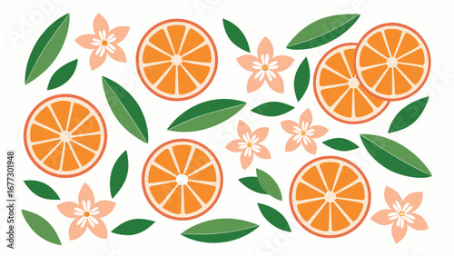 Orange slices and flowers flat illustration citrus
