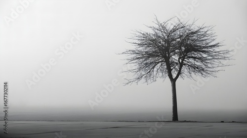 Lonely bare tree in foggy monochrome landscape