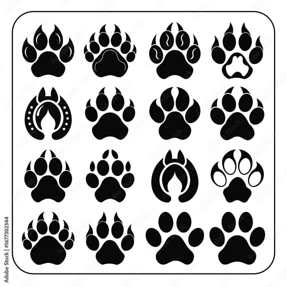 Fototapeta premium Animal Paw Print Icon Set Pet Footprints, Wildlife Tracks, Nature Trail Vector Symbols