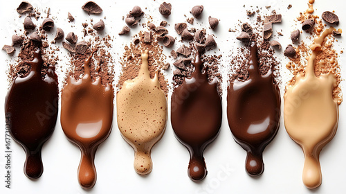 Artistic set of liquid chocolate splash of chocolate in five shades ranging from light to dark. Droplets frozen mid-air on white background. Rich, smooth texture and abstract design.