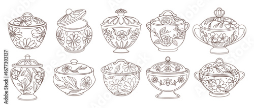 Set of outline decorative ceramic sugar bowls with floral ornament. Set of vintage porcelain pots.