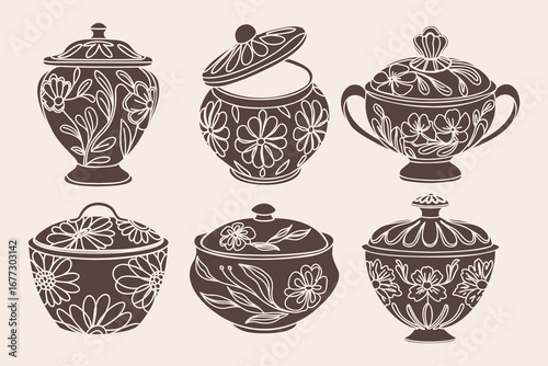 Set of decorative ceramic sugar bowls with floral ornament. llustration, silhouettes.