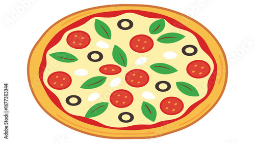 Round pizza with pepperoni olives and basil illustration