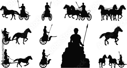 Ancient warrior chariot silhouette, horse carriage vector, Roman soldier illustration, battle weapon icon, historical war art, gladiator fighting symbol