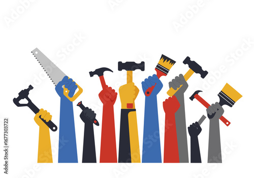 Assortment of Hands Holding Various Tools for DIY and Construction.