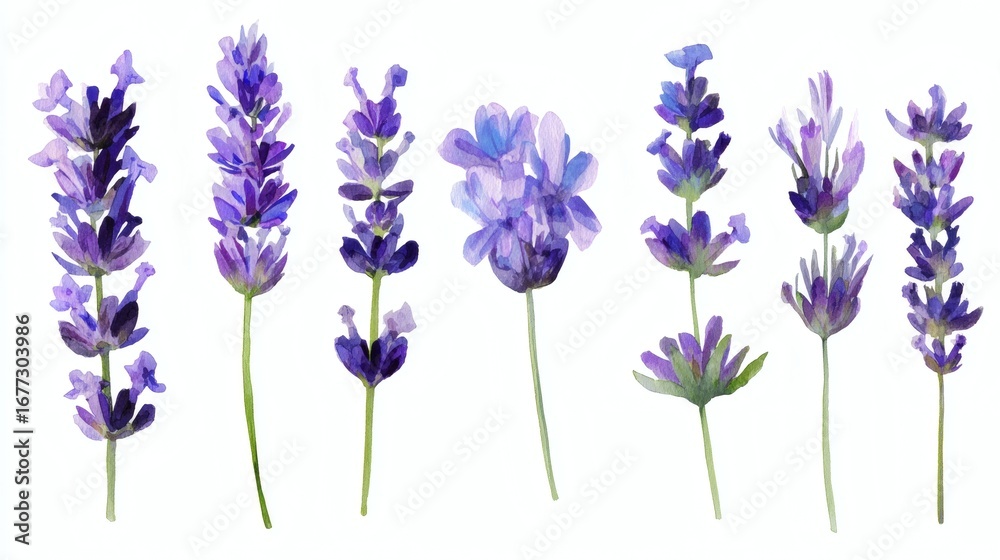 Obraz premium A collection of watercolor lavender flowers in various styles and shades of purple