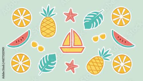 Summer vacation icons pineapple orange slice watermelon sailboat