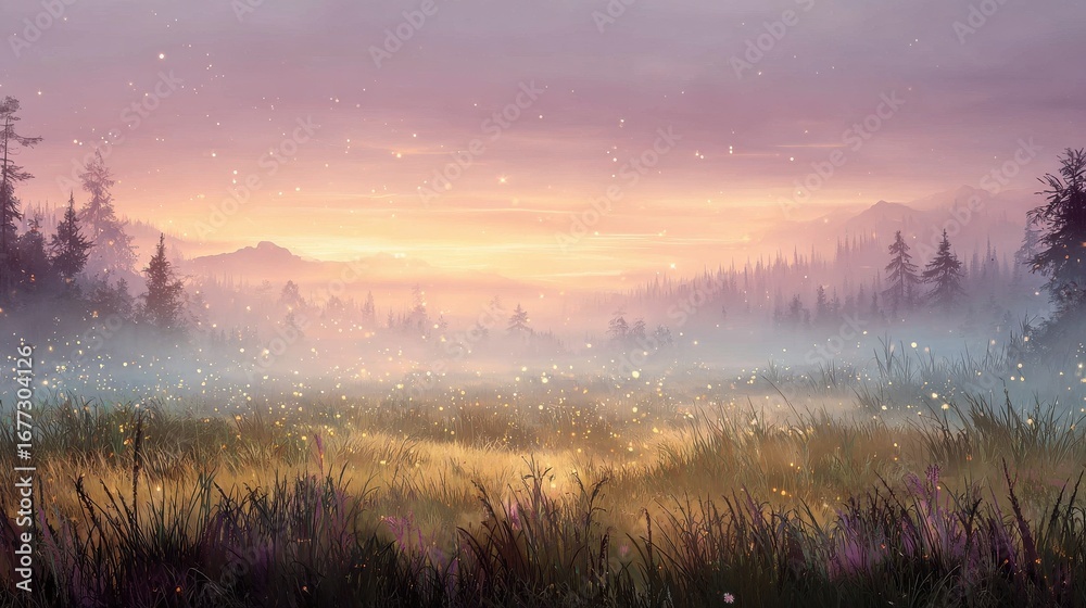 Naklejka premium Morning Meadow: A serene landscape with a meadow bathed in the soft glow of dawn or dusk, evokes a feeling of peace and tranquility.