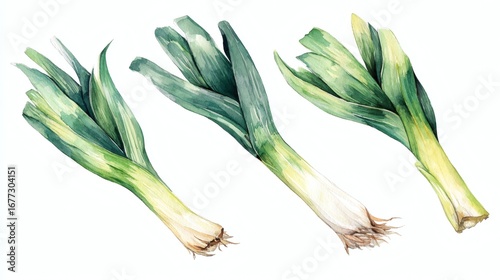 Three watercolor illustrations of leeks with green leaves and white bulbs