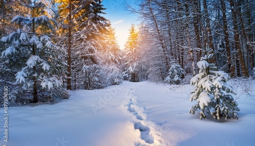 winter footprints in snowy forest nature scene tranquil environment atmospheric perspective