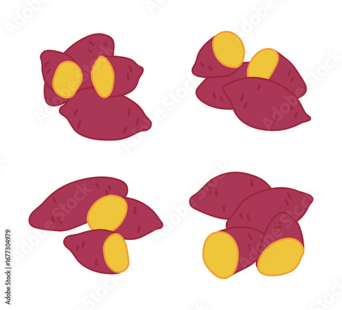 A set of hand-drawn sweet potato illustrations, available whole or sliced. Ideal for food illustrations, crops, farming, diet, fall themes, healthy eating, and recipe graphics.