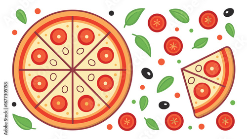 Whole and sliced margherita pizza with scattered ingredients