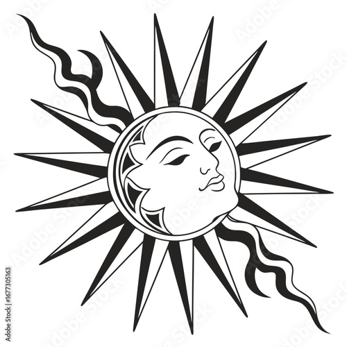 Sun with Human Face, Wavy Rays and Flame Elements symbol icon