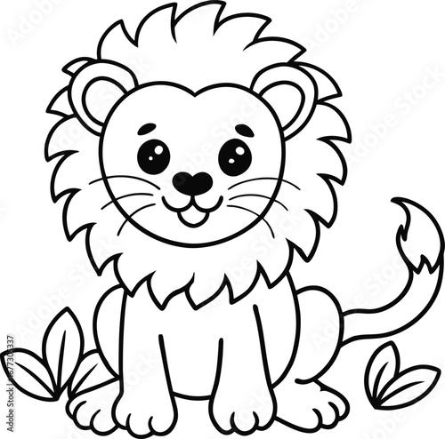 Cute cartoon lion cub with a fluffy mane sitting among leaves in a simple line drawing style